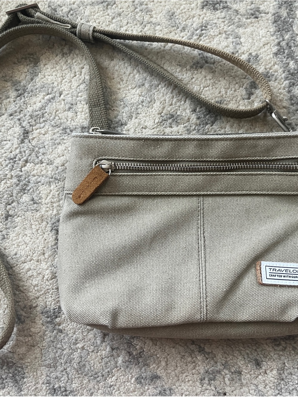 Travelon Taupe Canvas Crossbody Messenger Travel Bag with Leather Pull